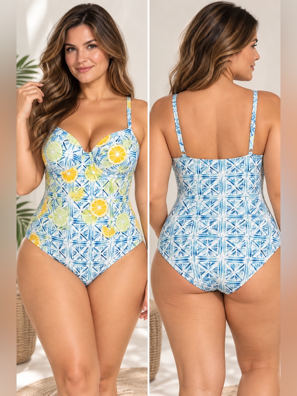 Lands’ End Citrus Print One Piece Swimsuit Blue Yellow Size 16
